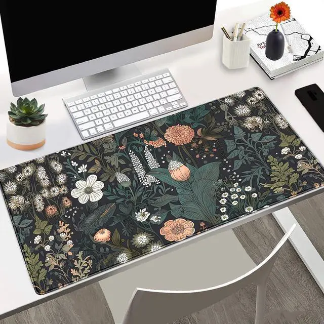 Alt view image 2 of 7 - Dark Flower Desk Mat Floral Plants Mouse Pad Boho Aesthetic Wildflowers Large Gaming Mousepad Desk Pad XXL Keyboard Mouse Mat Full Desktop Mat Women Office Desk Accessories 31.5x15.7