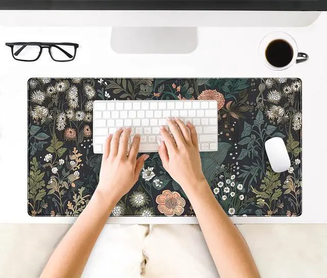 Alt view image 3 of 7 - Dark Flower Desk Mat Floral Plants Mouse Pad Boho Aesthetic Wildflowers Large Gaming Mousepad Desk Pad XXL Keyboard Mouse Mat Full Desktop Mat Women Office Desk Accessories 31.5x15.7