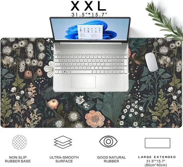 Alt view image 6 of 7 - Dark Flower Desk Mat Floral Plants Mouse Pad Boho Aesthetic Wildflowers Large Gaming Mousepad Desk Pad XXL Keyboard Mouse Mat Full Desktop Mat Women Office Desk Accessories 31.5x15.7