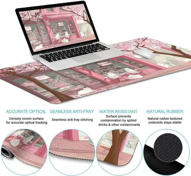 Alt view image 3 of 6 - Anime Cat Mouse Pad Long Desk Mat Set XXL Mouse Pad with Wrist Rest Large Gaming Mouse Pad Wrist Support Keyboard Mat Cup Coaster Cute Office Desk Decor Accessories Japanese Dessert House