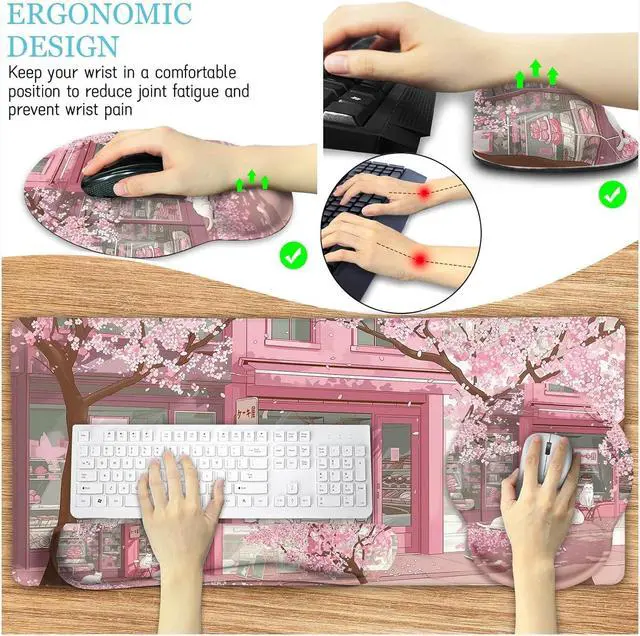 Alt view image 5 of 6 - Anime Cat Mouse Pad Long Desk Mat Set XXL Mouse Pad with Wrist Rest Large Gaming Mouse Pad Wrist Support Keyboard Mat Cup Coaster Cute Office Desk Decor Accessories Japanese Dessert House