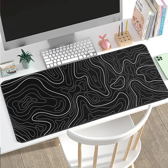 Alt view image 6 of 7 - Large Mouse Pad for Desk - Gaming Mouse Pad with Stitched Edges Natural Rubber Anti-Slip Base Minimalist Black Topographic Contour Mouse Pad Desk Mat(23.6x11.8 inch)