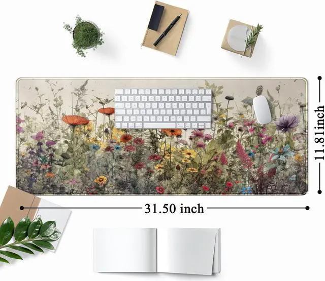 Alt view image 2 of 7 - Watercolor Flowers Desk Mat Floral Boho XL Mouse Pad Large Mousepad Extended Vintage Aesthetic Laptop Keyboard Mat Cute Gaming Desk Pad Mouse Mat 31.5x11.8 Office Desk Decor for Women