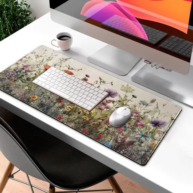 Alt view image 3 of 7 - Watercolor Flowers Desk Mat Floral Boho XL Mouse Pad Large Mousepad Extended Vintage Aesthetic Laptop Keyboard Mat Cute Gaming Desk Pad Mouse Mat 31.5x11.8 Office Desk Decor for Women