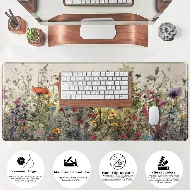 Alt view image 4 of 7 - Watercolor Flowers Desk Mat Floral Boho XL Mouse Pad Large Mousepad Extended Vintage Aesthetic Laptop Keyboard Mat Cute Gaming Desk Pad Mouse Mat 31.5x11.8 Office Desk Decor for Women
