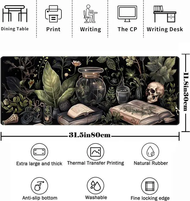 Alt view image 2 of 7 - Dark Academia Desk Mat Mouse Pad XL Extended Large Gaming Desk Pad Mousepad Mystical Green Plant Computer Laptop Keyboard and Mouse Mat Desktop Protector Mat for Women Girl Office 31.5x11.8 in