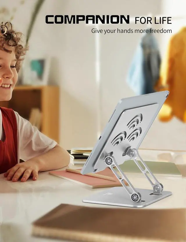 Alt view image 6 of 7 - Adjustable Tablet Stand for Desk Premium Aluminum Holder for iPads Tablets Kindles Switch Phones and All Devices up to 14 Inches. Portable and Foldable (Silver Plus Size)