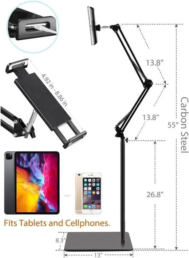 Alt view image 6 of 6 - Tablet Floor Stand with Double Weight Base Overhead Bed Phone Mount Height Adjustable Arm Stretchable Stand Holder Compatible with iPad Mini Air Pro Galaxy Tab Kindle Switch Cell Phones