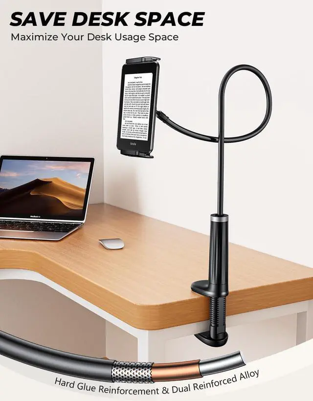 Alt view image 2 of 6 - Gooseneck Phone Holder Tablet Stand for Bed:[Swivel Base] Adjustable Flexible Lazy Arm with 2 Clips Phone Tablet Holder Mount Compatible iPad Pro Air Mini | Kindle | Switch or Other 4-12.9 Device