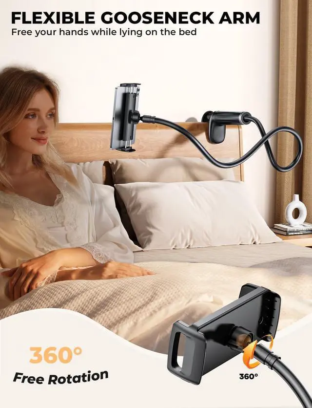 Alt view image 6 of 6 - Gooseneck Phone Holder Tablet Stand for Bed:[Swivel Base] Adjustable Flexible Lazy Arm with 2 Clips Phone Tablet Holder Mount Compatible iPad Pro Air Mini | Kindle | Switch or Other 4-12.9 Device
