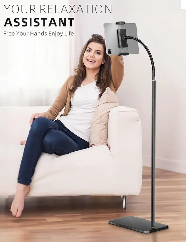 Alt view image 3 of 7 - iPad Stand Adjustable iPad Floor Stand Metal Tablet Stand with Flexible Gooseneck Compatible with iPad Kindle and Cell Phones (4.7-13) Ideal for Hands-Free Use