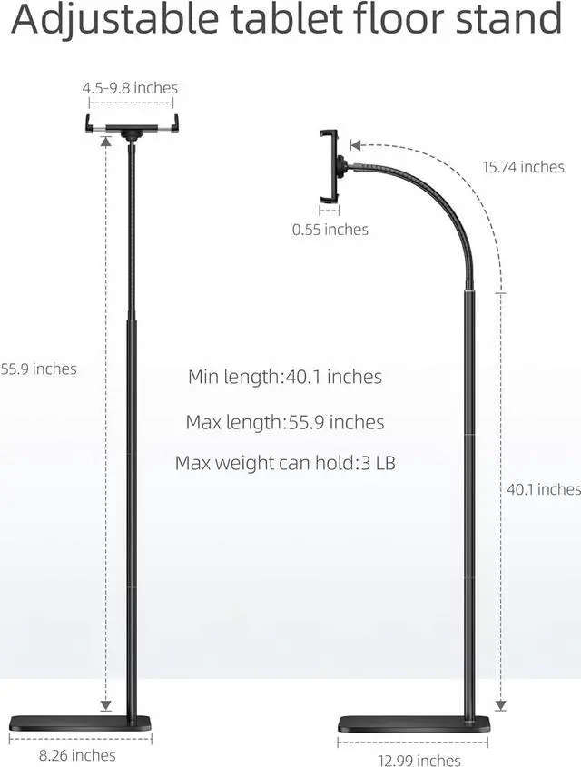 Alt view image 7 of 7 - iPad Stand Adjustable iPad Floor Stand Metal Tablet Stand with Flexible Gooseneck Compatible with iPad Kindle and Cell Phones (4.7-13) Ideal for Hands-Free Use