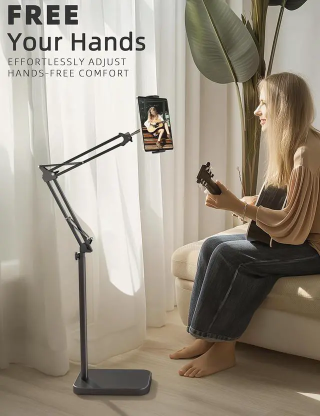 Alt view image 3 of 7 - Tablet Floor Stand with 11lb Stable Base - Adjustable Height Stretchable Arm Swivel Holder Mount, Compatible with iPad Pro Air Mini 12.9/9.7, Kindle, Galaxy Tab, Cell Phones (4.7''-13'')