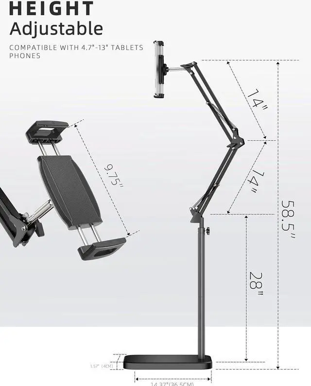 Alt view image 4 of 7 - Tablet Floor Stand with 11lb Stable Base - Adjustable Height Stretchable Arm Swivel Holder Mount, Compatible with iPad Pro Air Mini 12.9/9.7, Kindle, Galaxy Tab, Cell Phones (4.7''-13'')