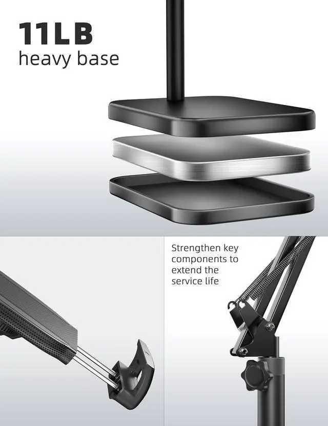 Alt view image 6 of 7 - Tablet Floor Stand with 11lb Stable Base - Adjustable Height Stretchable Arm Swivel Holder Mount, Compatible with iPad Pro Air Mini 12.9/9.7, Kindle, Galaxy Tab, Cell Phones (4.7''-13'')