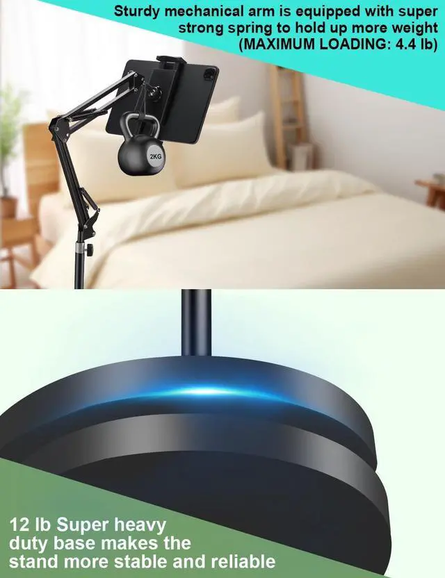 Alt view image 3 of 7 - Tablet Floor Stand Overhead Bed Phone Stand with 12 lb Super Stable Base & Angle/Height Adjustable Compatible with 4.5-13 iPhone iPad Pro 12.9 Galaxy Tab Kindle Phones