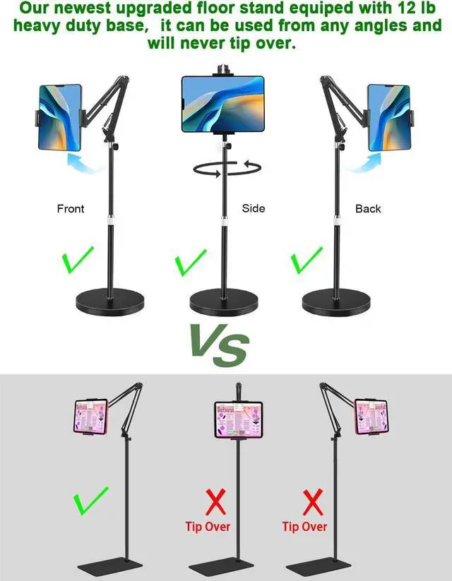 Alt view image 4 of 7 - Tablet Floor Stand Overhead Bed Phone Stand with 12 lb Super Stable Base & Angle/Height Adjustable Compatible with 4.5-13 iPhone iPad Pro 12.9 Galaxy Tab Kindle Phones