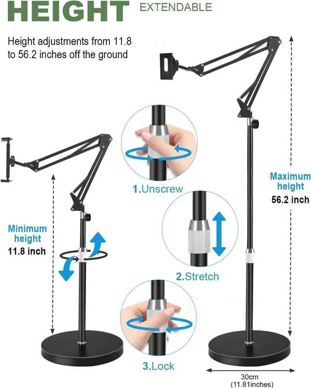 Alt view image 7 of 7 - Tablet Floor Stand Overhead Bed Phone Stand with 12 lb Super Stable Base & Angle/Height Adjustable Compatible with 4.5-13 iPhone iPad Pro 12.9 Galaxy Tab Kindle Phones