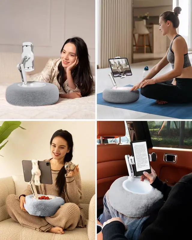 Alt view image 2 of 7 - Tablet Stand with Pillow Compatible with 4.7-13 Phone/Tablet iPad iPhone  Google Kindle 360°Adjustable Phone Holder for Bed with Soft Plush Fabric and Detachable Bowl Grey