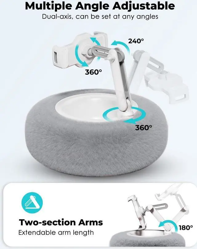 Alt view image 4 of 7 - Tablet Stand with Pillow Compatible with 4.7-13 Phone/Tablet iPad iPhone  Google Kindle 360°Adjustable Phone Holder for Bed with Soft Plush Fabric and Detachable Bowl Grey