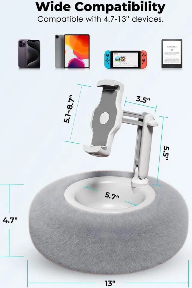 Alt view image 3 of 7 - Tablet Stand with Pillow Compatible with 4.7-13 Phone/Tablet iPad iPhone  Google Kindle 360°Adjustable Phone Holder for Bed with Soft Plush Fabric and Detachable Bowl Grey