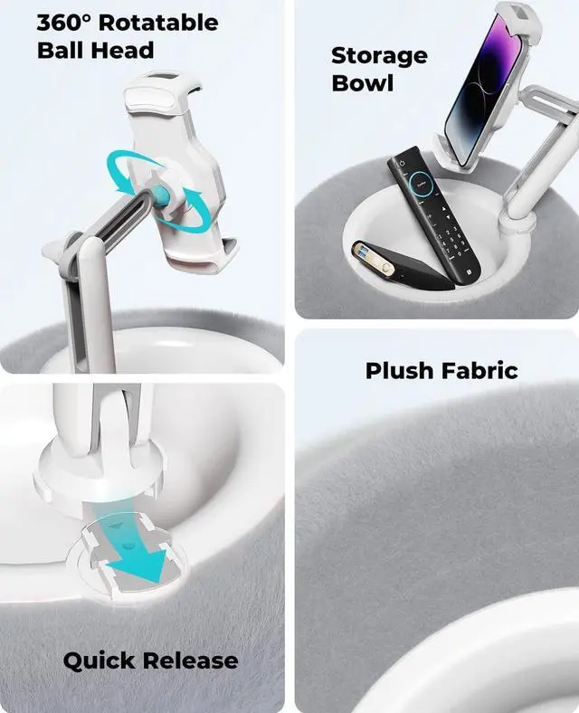 Alt view image 5 of 7 - Tablet Stand with Pillow Compatible with 4.7-13 Phone/Tablet iPad iPhone  Google Kindle 360°Adjustable Phone Holder for Bed with Soft Plush Fabric and Detachable Bowl Grey