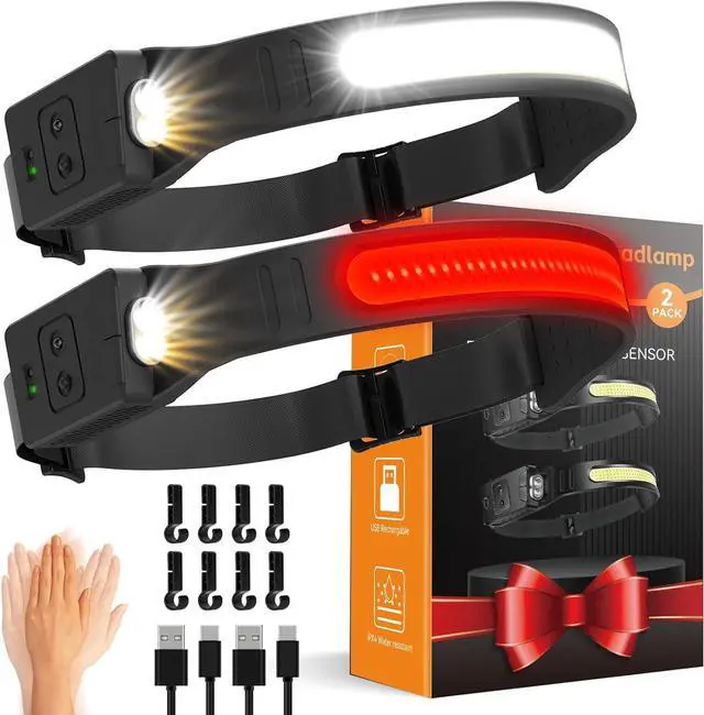 Main image of Headlamps Rechargeable for Adults 2 Pack 230° Wide Beam Running LED Head Lamp with Red Light Headlights for Head with Motion Sensor Hard Hat Light Flashlight for Runners Camping Hiking Fishing