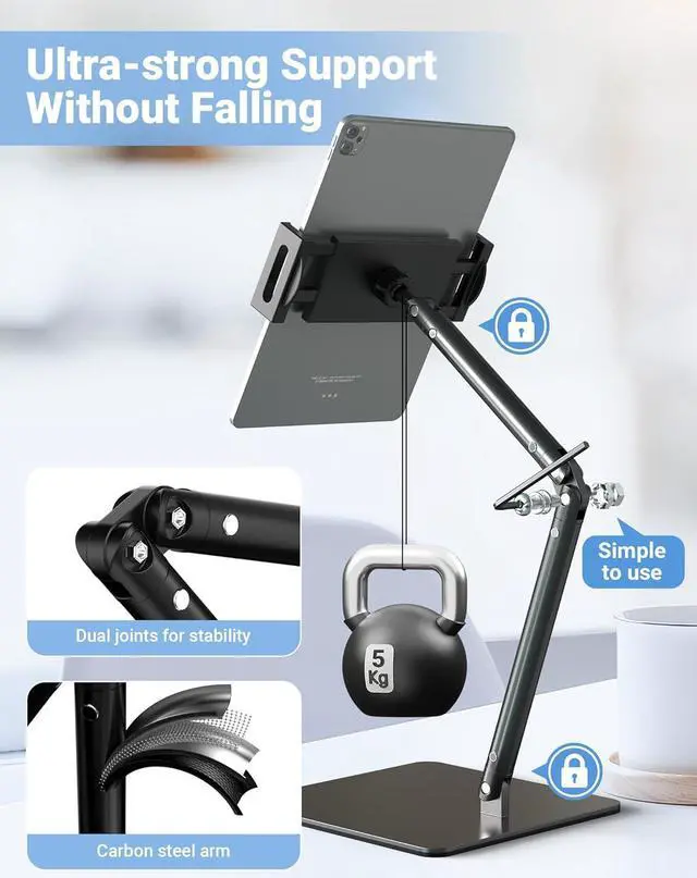 Alt view image 4 of 7 - Tablet Stand Holder Height Adjustable Tablet Mount - Heavy Duty Base Flexible Desktop Stand with 360 Degree Rotating for 4.0-12.9 Tablet iPad Pro 12.9 Air Mini Fire Kindle iPhone 15 Pro