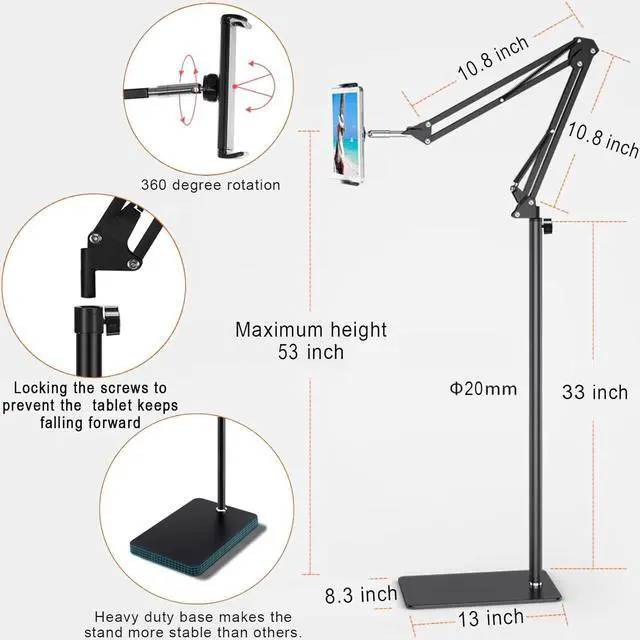 Alt view image 5 of 7 - Tablet Floor Stand with Heavy Duty Base Overhead Bed phone Stand Angle Height Adjustable Arm Stretchable Stand Holder Compatible with iPad Mini Air Pro Galaxy Tab Kindle E-Readers Cell Phones
