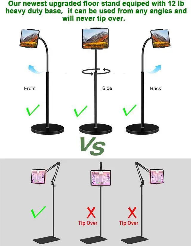 Alt view image 4 of 7 - Tablet Floor Stand Gooseneck 62 Height Adjustable Tablet Stand Floor with 360° Rotating Floor Stand Compatible with iPhone Tablet Kindle and All 4.5-12.9 Inch Tablet and Phone