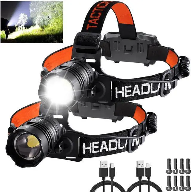 Main image of Headlamp Rechargeable 2Pack 150000LM Bright Head Lamp Adjustable Focus Headlight Outdoor 4Mode Head Lights for Forehead 90° LED Headlamp Waterproof Headlamps for Adults Camping Hiking Hard Hat