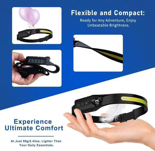 Alt view image 2 of 7 - Headlamp Rechargeable LED Head Lamp Flashlight 230° Wide Beam Headband Light 400 Lumen Super Bright Waterproof Headlight Motion Sensor 5 Modes for Running Fishing Hiking Camping