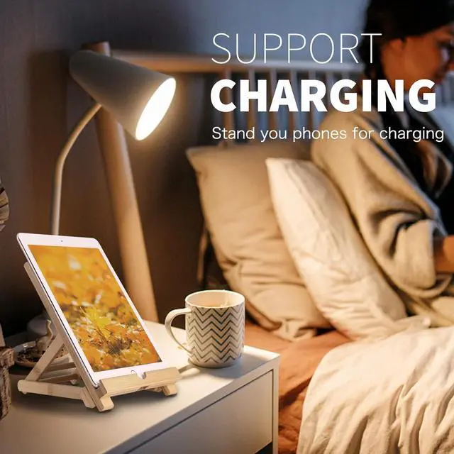 Alt view image 4 of 6 - Bamboo Tablet Stand Holder Adjustable Folding Wood iPad Stand with Chargeable Hole for Desk iPad Cooking Stand (Tablet Stand A)