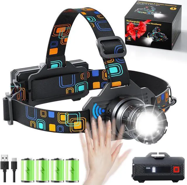 Main image of Headlamp Rechargeable Bright LED Head Lamp with White Red Light LED Headlamp Motion Sensor 90° Adjustable Zoomable 6 Modes Head Lights for Forehead for Adults Running Hunting Camping Hiking Fishing