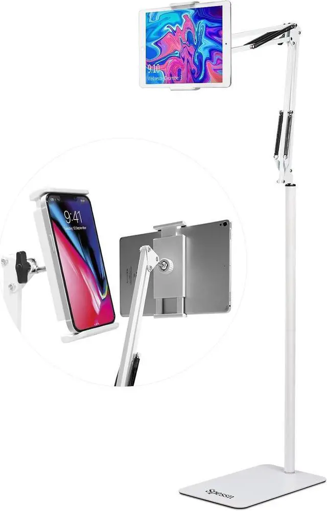 Main image of Adjustable Tablet Floor Stand Universal 360-degree Rotatable Metal Tablet Holder Phone Stand Compatible iPad/iPhoneX/iPad Pro 4.5~12.9 Inch-Screen Phone Kindle (White)