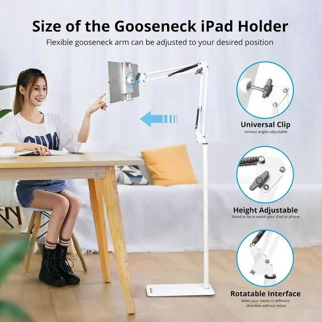 Alt view image 5 of 7 - Adjustable Tablet Floor Stand Universal 360-degree Rotatable Metal Tablet Holder Phone Stand Compatible iPad/iPhoneX/iPad Pro 4.5~12.9 Inch-Screen Phone Kindle (White)