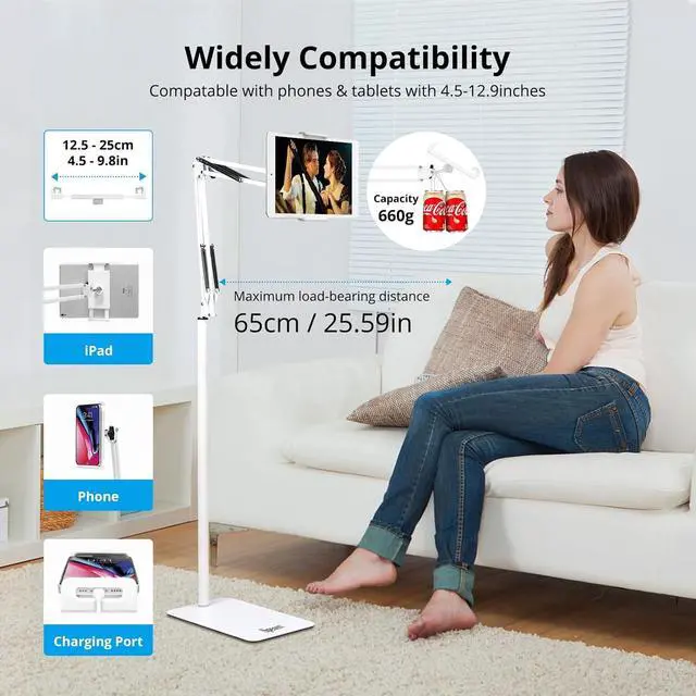 Alt view image 3 of 7 - Adjustable Tablet Floor Stand Universal 360-degree Rotatable Metal Tablet Holder Phone Stand Compatible iPad/iPhoneX/iPad Pro 4.5~12.9 Inch-Screen Phone Kindle (White)