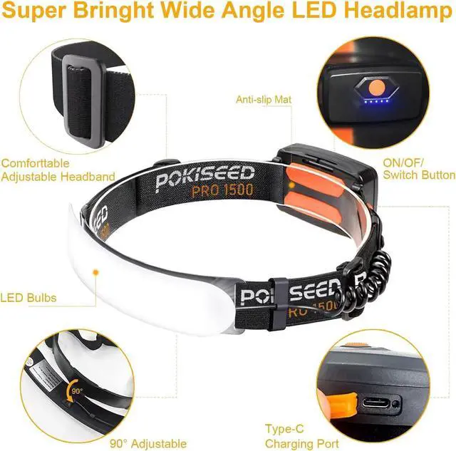 Alt view image 2 of 7 - 1500 Lumens Rechargeable LED Headlamp with 230° Beam 3 Modes IPX6 Waterproof - For Camping Running Fishing Hard Hat Work