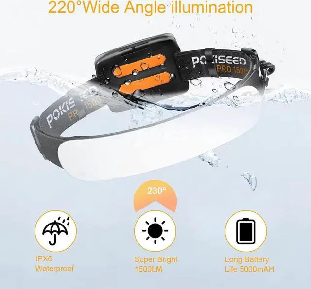 Alt view image 4 of 7 - 1500 Lumens Rechargeable LED Headlamp with 230° Beam 3 Modes IPX6 Waterproof - For Camping Running Fishing Hard Hat Work