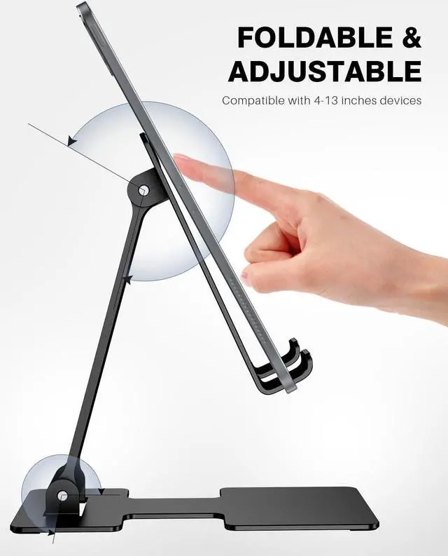 Alt view image 4 of 6 - Tablet Stand Adjustable Tablet Holder for Desk Foldable Aluminium for iPad Stand Dock Holder for iPad Air 5/4/Mini 6/Mini 5/10.2/Pro 12.9/Pro 11 Portable Monitor Surface (4-13 inch)-Black