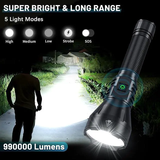 Alt view image 2 of 7 - Rechargeable Flashlights High Lumens 990000 Lumens Super Bright Flashlight 5 Modes LED Powerful Flashlight Adjustable & Waterproof Versatile Tactical Flashlight for Emergencies Hiking Camping