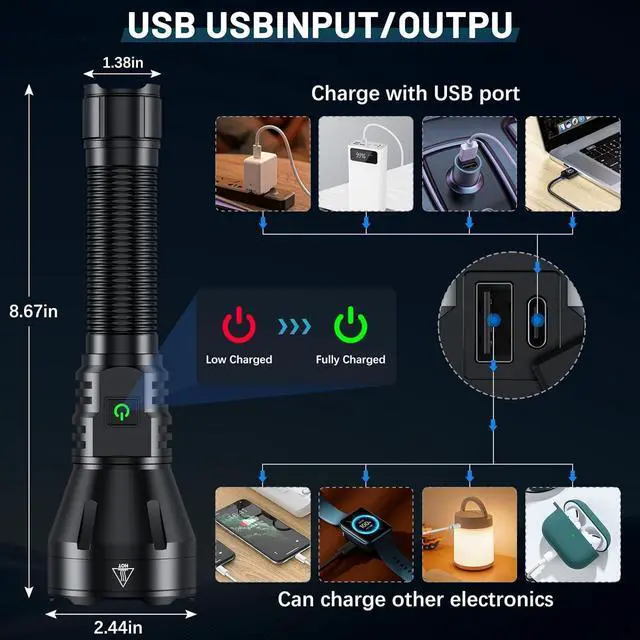 Alt view image 3 of 7 - Rechargeable Flashlights High Lumens 990000 Lumens Super Bright Flashlight 5 Modes LED Powerful Flashlight Adjustable & Waterproof Versatile Tactical Flashlight for Emergencies Hiking Camping