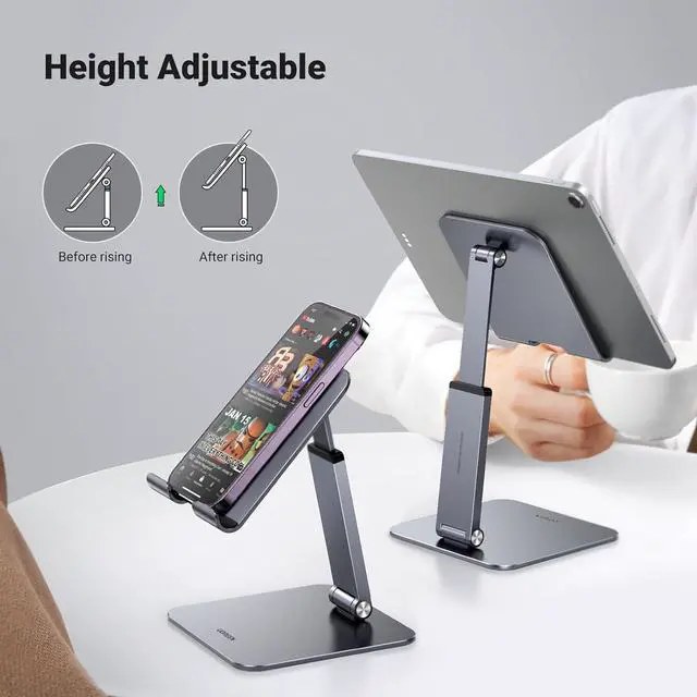 Alt view image 2 of 7 - Tablet Stand Holder for Desk Height Adjustable Aluminum Foldable Desktop Tablet Holder Wide Base Dock Multi-Angle Riser Compatible with 2024 iPad Pro 13 12.9 11 10.5 Air Mini 6 5 Grey