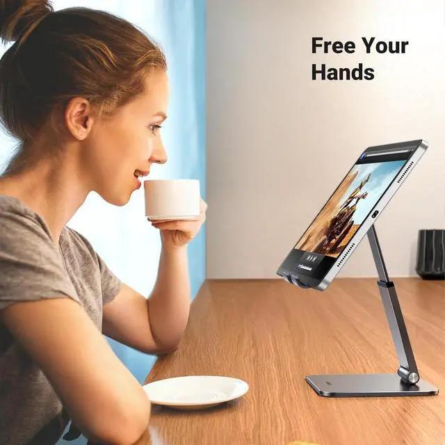 Alt view image 4 of 7 - Tablet Stand Holder for Desk Height Adjustable Aluminum Foldable Desktop Tablet Holder Wide Base Dock Multi-Angle Riser Compatible with 2024 iPad Pro 13 12.9 11 10.5 Air Mini 6 5 Grey