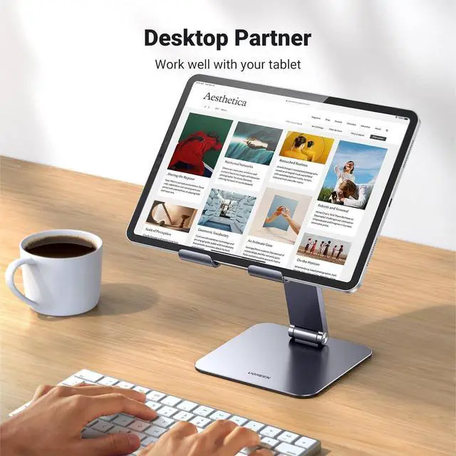 Alt view image 3 of 7 - Tablet Stand Holder for Desk Height Adjustable Aluminum Foldable Desktop Tablet Holder Wide Base Dock Multi-Angle Riser Compatible with 2024 iPad Pro 13 12.9 11 10.5 Air Mini 6 5 Grey