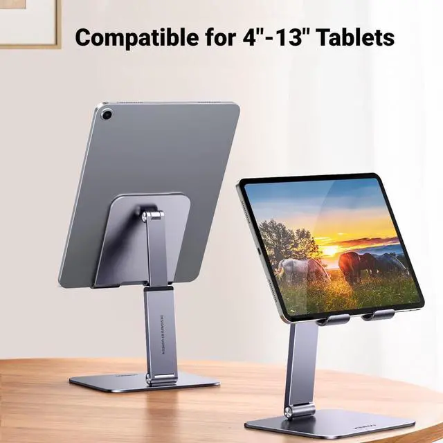 Alt view image 7 of 7 - Tablet Stand Holder for Desk Height Adjustable Aluminum Foldable Desktop Tablet Holder Wide Base Dock Multi-Angle Riser Compatible with 2024 iPad Pro 13 12.9 11 10.5 Air Mini 6 5 Grey