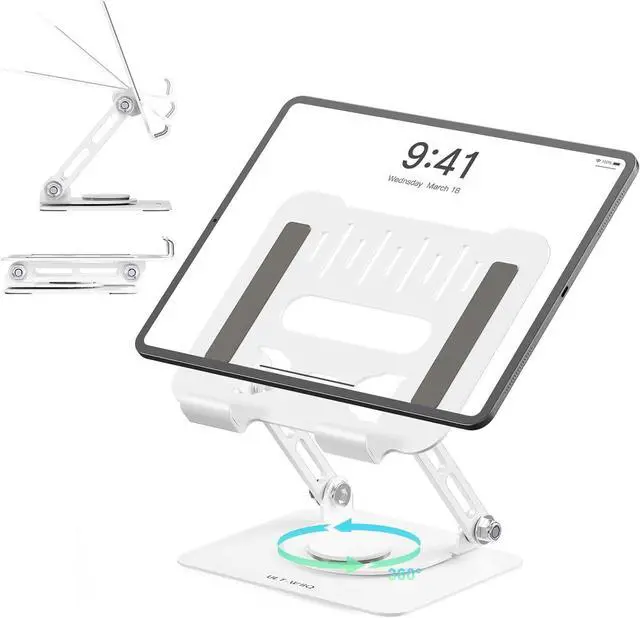 Main image of Adjustable Tablet Stand for Desk iPad Swivel Stand with 360 Rotating Base Aluminum Foldable Portable iPad Table Stand Holder for iPad Pro/iPad Mini Tablets White