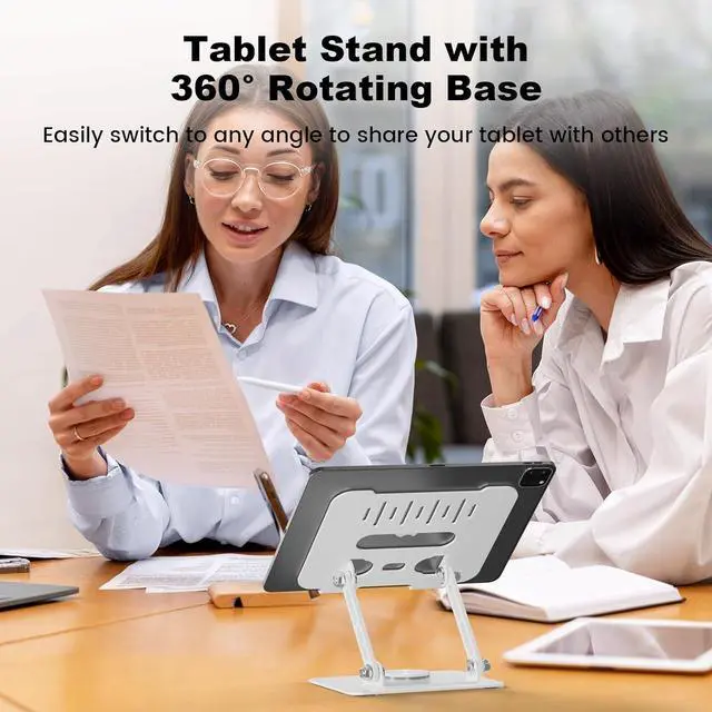 Alt view image 2 of 7 - Adjustable Tablet Stand for Desk iPad Swivel Stand with 360 Rotating Base Aluminum Foldable Portable iPad Table Stand Holder for iPad Pro/iPad Mini Tablets White