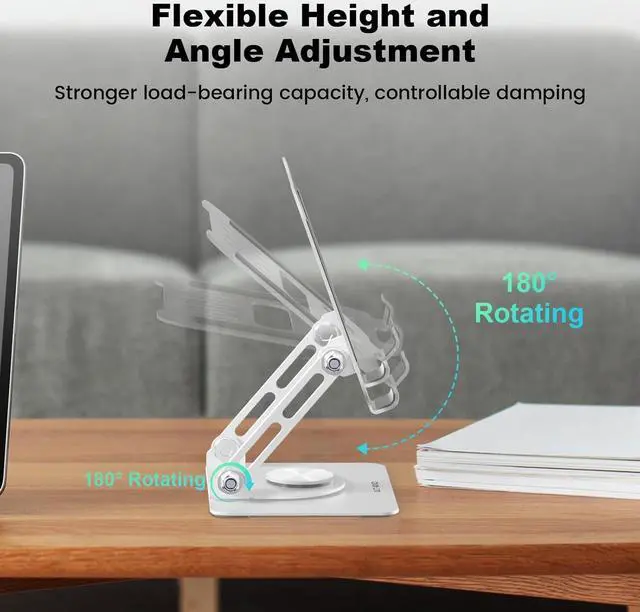 Alt view image 3 of 7 - Adjustable Tablet Stand for Desk iPad Swivel Stand with 360 Rotating Base Aluminum Foldable Portable iPad Table Stand Holder for iPad Pro/iPad Mini Tablets White
