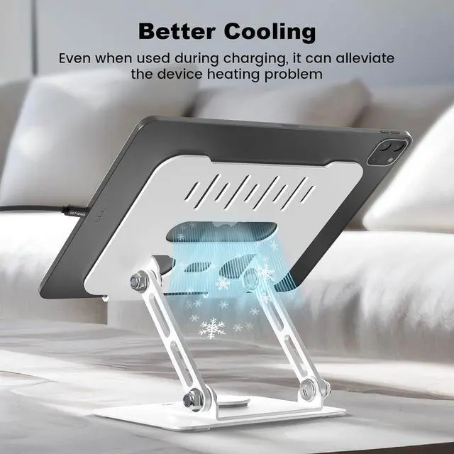 Alt view image 4 of 7 - Adjustable Tablet Stand for Desk iPad Swivel Stand with 360 Rotating Base Aluminum Foldable Portable iPad Table Stand Holder for iPad Pro/iPad Mini Tablets White